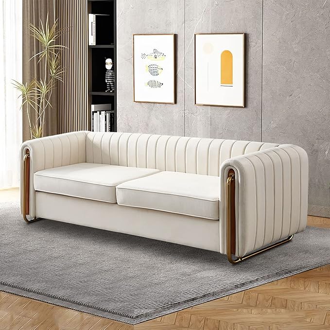 kevinplus 84.2'' Velvet Chesterfield Sofa Couch for Living Room Modern Luxury 3-Seat Upholstered Sofa Couch for Apartment Bedroom Dorm Office Strong Gold Metal Legs (Channel Backrest Beige)