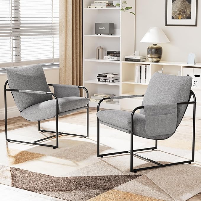 HOMMPA Sling Accent Chair Set of 2 Steel Frame Lounge Arm Chair Living Room Chair with Side Storage Pocket Reading Accent Chair Mid Century Modern Bedroom Chair Linen Fabric Cover Flax