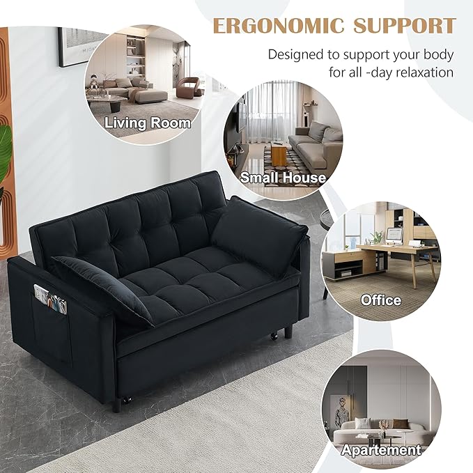 3 in 1 Convertible Sleeper Sofa Bed Modern Velvet Loveseat Pull-Out Couch Futon Love Seat Lounge Sofa with Pull-Out Bed &amp Adjustable Backrest and Side Pocket for Small Apartment Bedroom