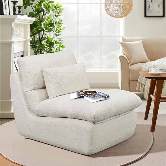 Boneless Single Sofa – 32” Teddy Plush Frameless Lounge Chair with High-Density Foam Support – No Assembly Cloud Couch for Living Room Bedroom &amp Apartment (White)
