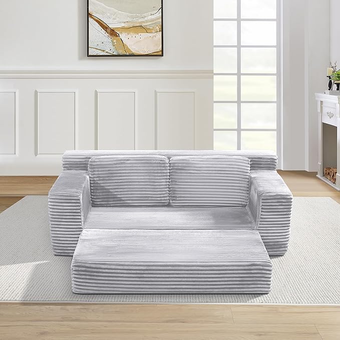 Loveseat Cloud Boneless Couch Upholstered Floor Sofa with Armrests 2-in-1 Convertible Corduroy Couch Bed for Living Room Apartment Grey