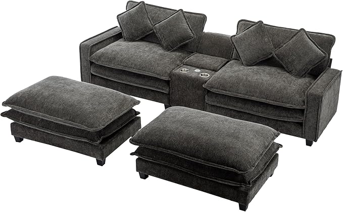 Sectional Sofa Chenille Upholstered with 2 Removable Ottoman 2 USB Ports 2 Cup Holders Large Storage Box for Living Room
