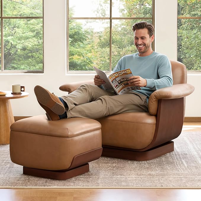 CHITA Genuine Leather Swivel Chair with Storage Ottoman Modern Living Room Accent Chair with Lounge Seat for Bedroom Office Saddle