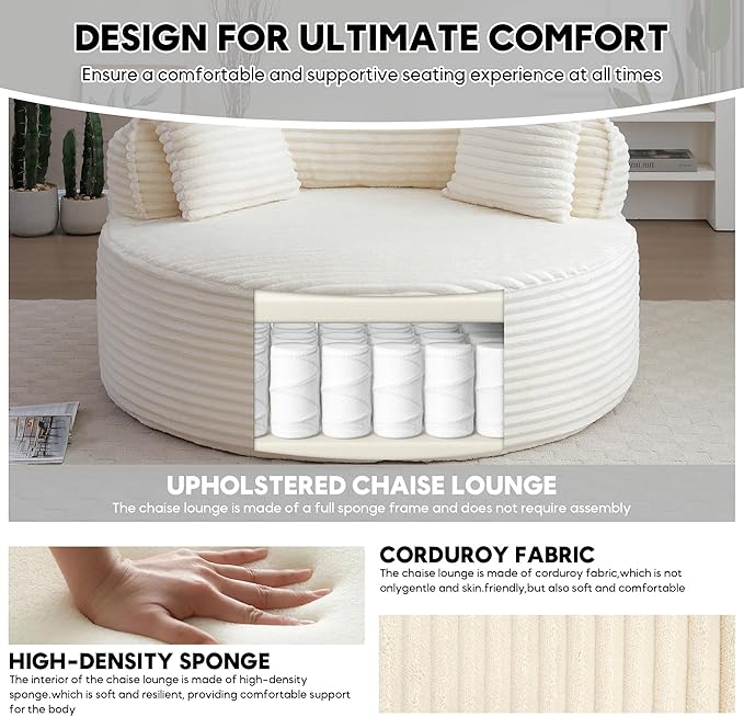 Oversized Round Chair Lounge Chaise Indoor 53.5 Corduroy Boneless Round Chair Fluffy Single Deep Seat Cloud Sofa Chairs Modern Circle Chaise Lounge for Bedroom Living Room Beige White