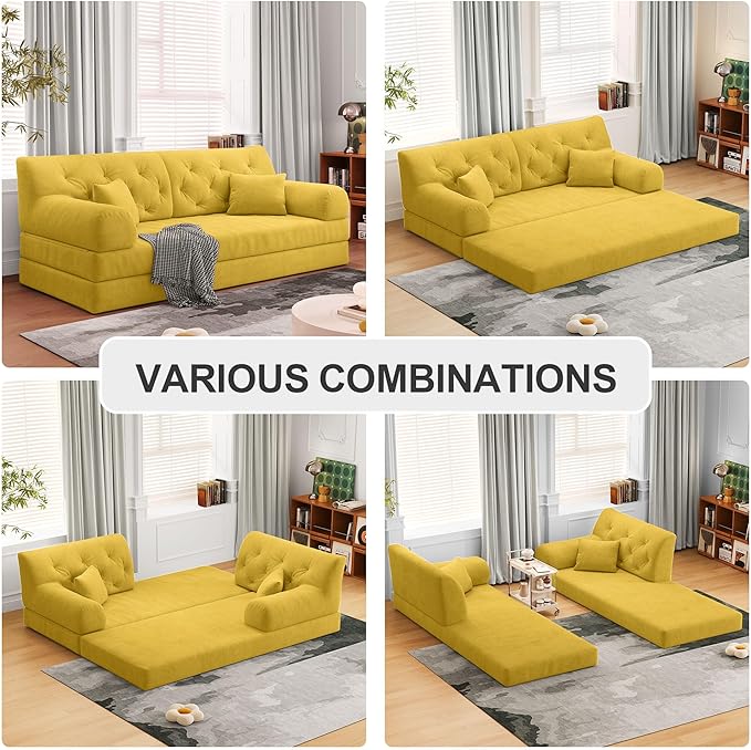 79 Convertible Sofa Bed with Pillows Corduroy Folding Sleeper Sofa with Fixed-Shape Frame Boneless Couch for Living Room Bedroom Floor Sofa Lounge No Assembly Required (C - Style - Yellow)