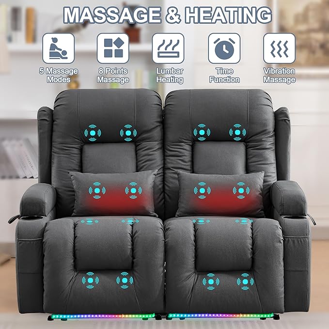 TUNYI Wall Hugger Loveseat Recliner Sofa with Massage &amp Heat Power Reclining Loveseat RV Couch with USB/Outlet/Storage/LED Light/Speaker (Grey)