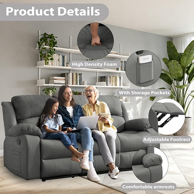 3 Seat Reclining Sofa Leather 3-Seater Manual Reclining Couch with Side Pocket Easy Assembly Reclining Loveseat Sofa for Living Room Meeting Room Bedroom Office Apartment RV