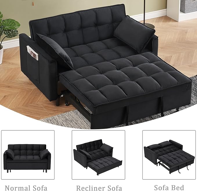 55 Sleeper Loveseat3 in 1 Sofa BedPull Out Couch Bed with 2 Pillows and Side PocketsVelvet Convertible Bed for Small Spaces Living Room (Black)