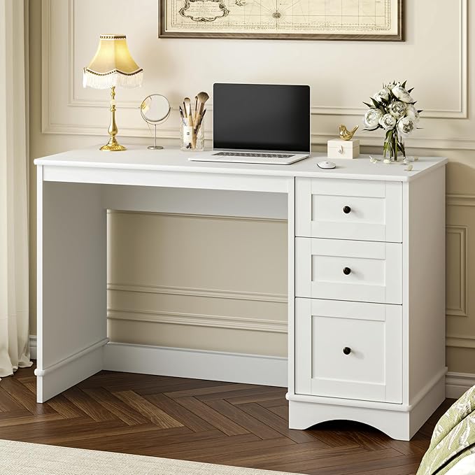 48”White Computer Desk with 3 Drawers Modern Office Desk with Storage Small Writing Desk for Bedroom Living Room Office