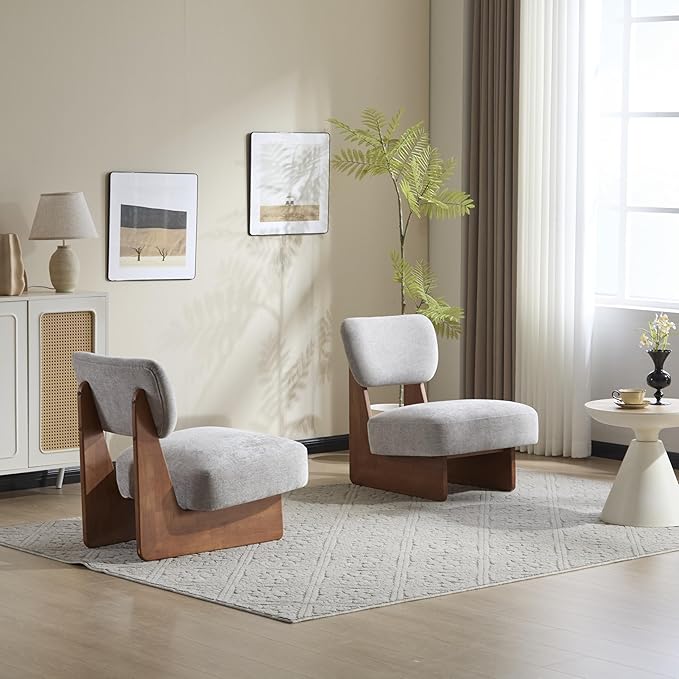 GDFStudio Upholstered Armless Accent Chairs Set of 2 Modern Side Chair Minimalist Leisure Chair with Backrest for Living Room Bedroom Reading Room Gray Cushioned Seat &amp Walnut Base