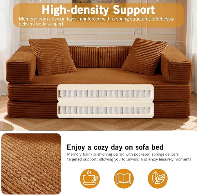 81'' Futon Sofa Bed Folding Floor Couch Bed Corduroy Fabric Boneless Couch Compressed Boneless Sofa in a Box Comfy Sleeper for Living Room-Orange