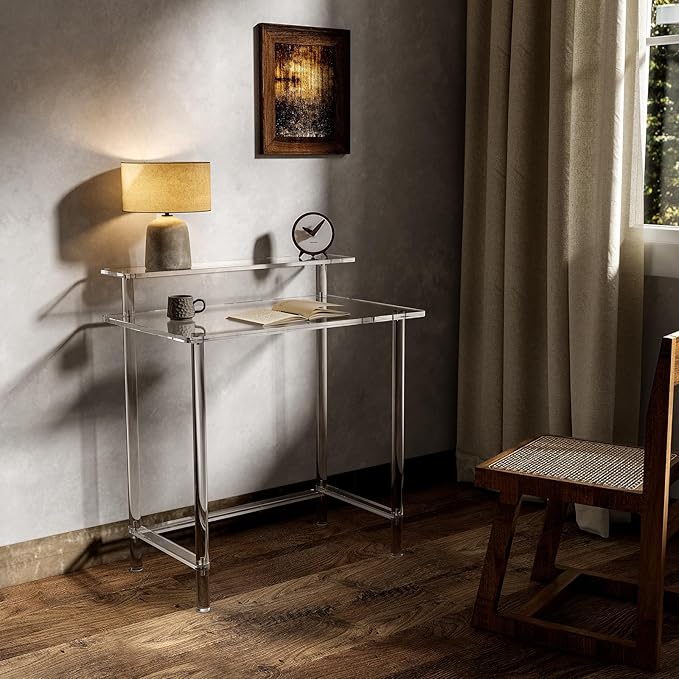 Eglaf Acrylic Desk - Home Office Desk with Monitor Stand - Modern Clear Desk Study Writing Table Computer Desk for Office Living Room Bedroom 31.5 L x 19.7''W x 34.7 H