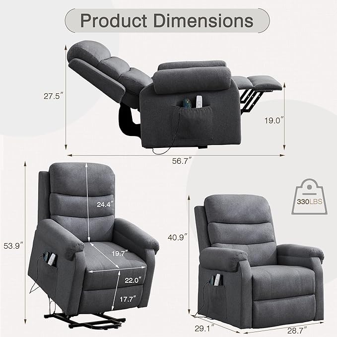 Power Lift Recliner Chair Recliners for Elderly with Heat and Massage Recliner Chair for Living Room with Infinite Position and Side Pocket USB Charge Port (Modern Grey)