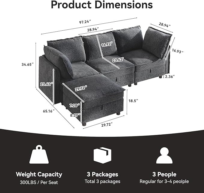 Ihanherry 97.2” Modular Sectional Sofa with Storage L Shaped Couch for Living Room 4-Seat Comfy Chenille Deep Seat Sofa with Movable Ottoman for Bedroom and Apartment Dark Gray