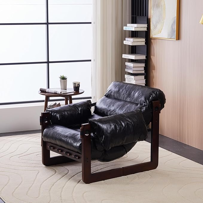Livavege Retro Chaise Lounge Chair Indoor Oversized Leather Accent Chair with Thick Cushions &amp Solid Wood Base Support Comfy Armchair Deep Seat Sofas for Living Room/Bedroom/Home Office/Balcony