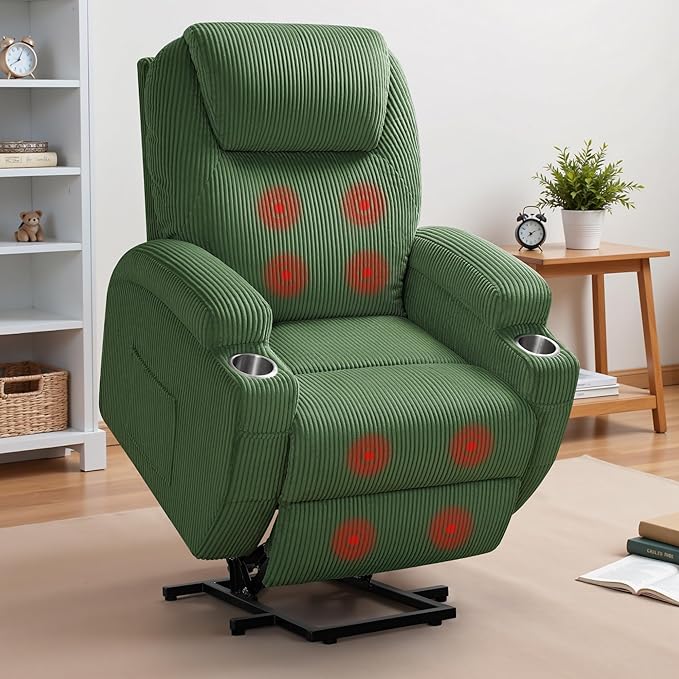 Furmax Electric Power Lift Recliner Chair with Massage for Elderly Corduroy Fabric Recliner Single Sofa with Cup Holders Side Pockets and Remote Control for Living Room Bedroom (Green)