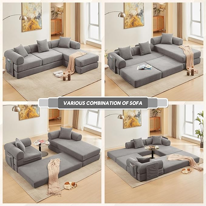 L Shaped Convertible Modular Sofa Bed with Cylindrical Pillow &amp Reversible Chaise Corduroy Folding Floor Sofa Couch Bed with Fixed-Shape Frame &amp Storage Pocket for Living Room Grey