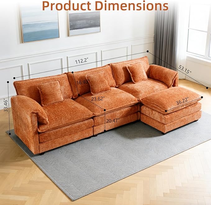GNIXUU 112 Orange Cloud sectional Couch Modern Chenille L Shaped Couches for Living Room Comfy 4 seat Modular Sofa with Moveable Ottoman &amp Memory Foam