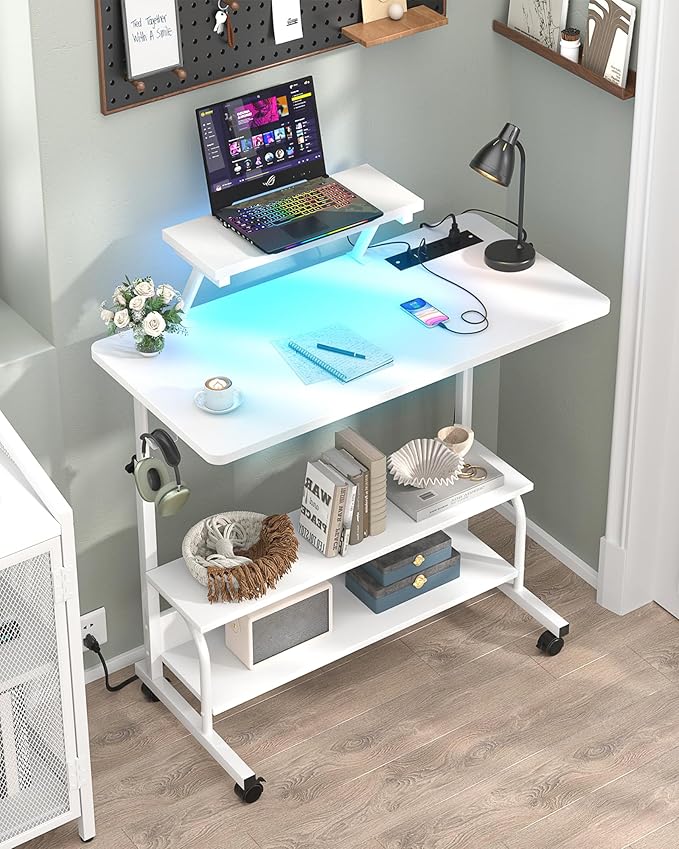 Height Adjustable Standing Desk with Power Outlets and LED Lights - 32 Manual Stand Up Desk with Monitor Stand and Storage Shelves Small Mobile Rolling Computer Desk Portable Laptop Table White