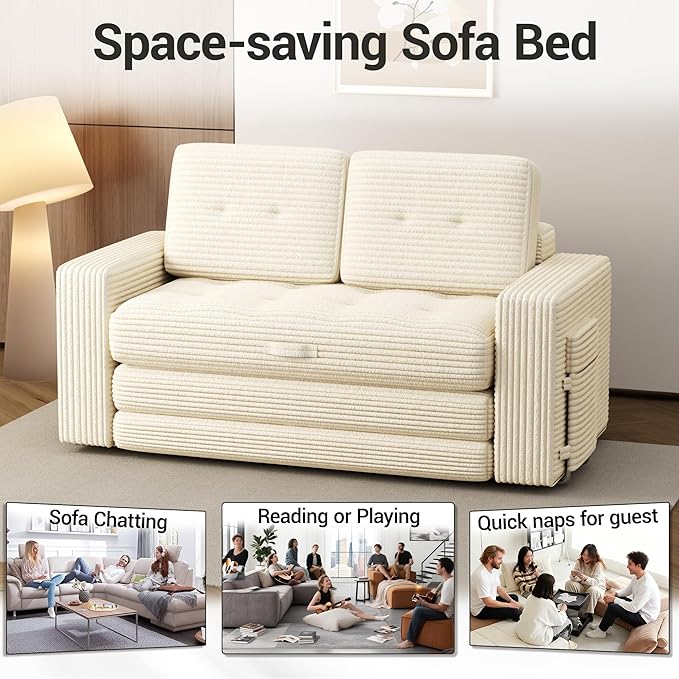 3 Fold Convertible Sofa Bed Pull Out Loveseat Couch Sleeper Sofa Folding Sofabed with Pillows for Living Room Bedroom Beige