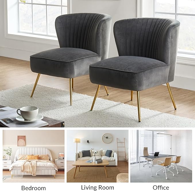 HULALA Home Velvet Accent Chair Set of 2 Modern Armless Upholstered Side Chair with Glam Gold Metal Legs for Vanity Living Room Bedroom - Grey