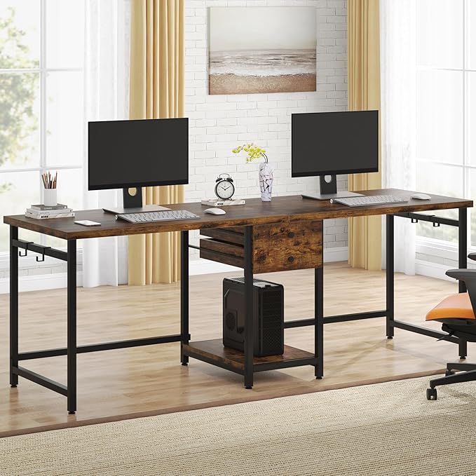 Tribesigns Two Person Desk 79 Inch Double Desk with 2 Drawers Large Computer Desk Long Desks with Storage Shelves Writing Table Study Desk for Home Office Rustic Brown (NY001)