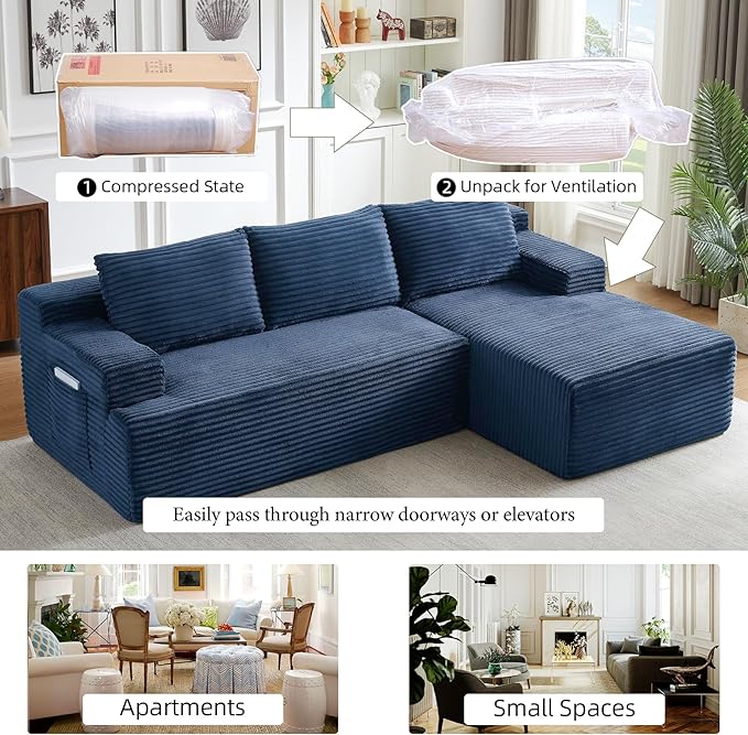Boneless Couch Corduroy Cloud Sofa 96'' Sectional Couches Deep Seat L-Shaped Sofa No Assembly Pet-Friendly Apartment Couch for Living Room Small Spaces in a Box