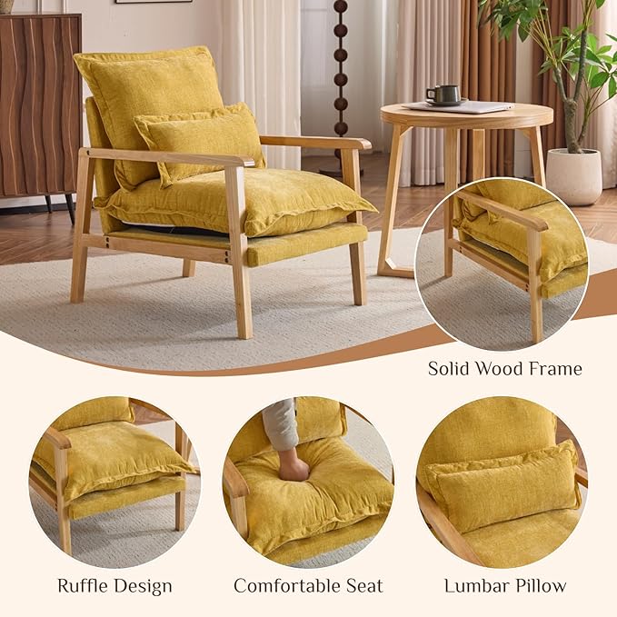 Karl home Midcentury Accent Chair for Living Room Chenille Upholstered Lounge Armchair with Lumbar Pillow Ruffle-Designed Cozy Reading Chair with Wood Legs Yellow