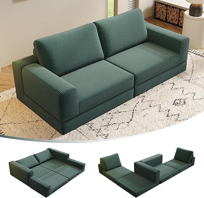 78 Convertible Loveseat Sofa Comfort Corduroy Futon Sofa Bed Wide Armrest Deep Seat No Assembly Folding Sofa Bed for Living Room/Home Office/Apartment (Green Loveseat)