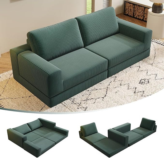 78 Convertible Loveseat Sofa Comfort Corduroy Futon Sofa Bed Wide Armrest Deep Seat No Assembly Folding Sofa Bed for Living Room/Home Office/Apartment (Green Loveseat)