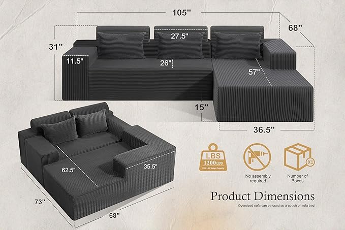 HABUTWAY Sectional Couches for Living RoomNo Assembly L Shaped Couch 105 Modular Sectional Sofa Couch with Deep SeatCloud Couches Furniture Sets for ApartmentCorduroy (Dark Grey Right Facing)