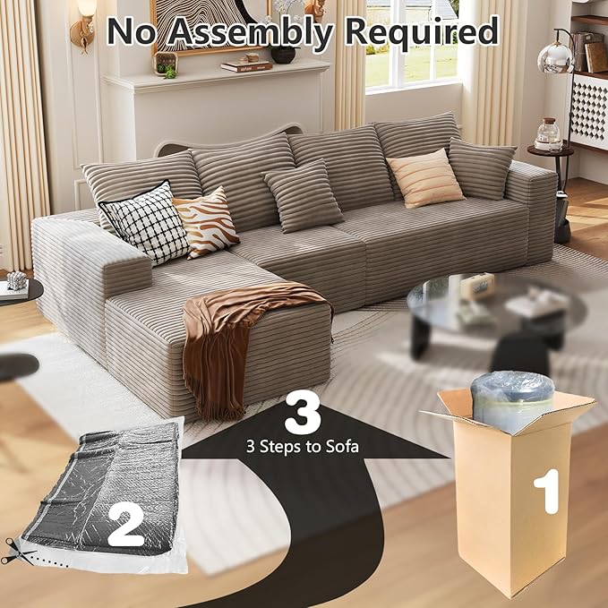 135.4 Cloud Sectional Couch with L-Shape Chaise Modern Modular 4-Seater Sofa with Deep Seat Corduroy Upholstered Couches for Living Room Bedroom No Assembly Required(Camel Left Facing)