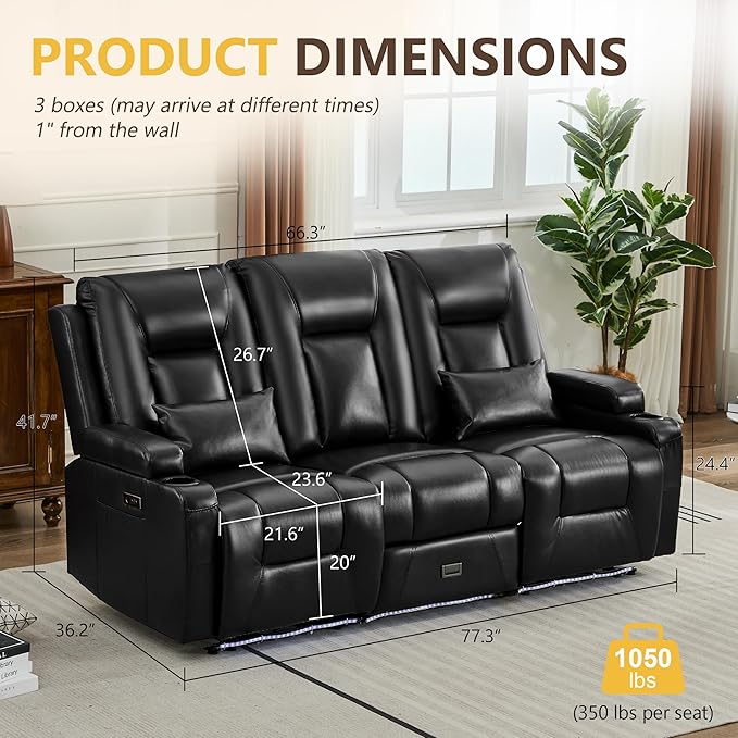 URRED Wall Hugger Power Recliner Sofa RV Double Reclining 3-Seater Couch for Living Room with LED Lights USB Ports Cup Holders and Side Pockets Outlets Drawer Faux Leather – Black