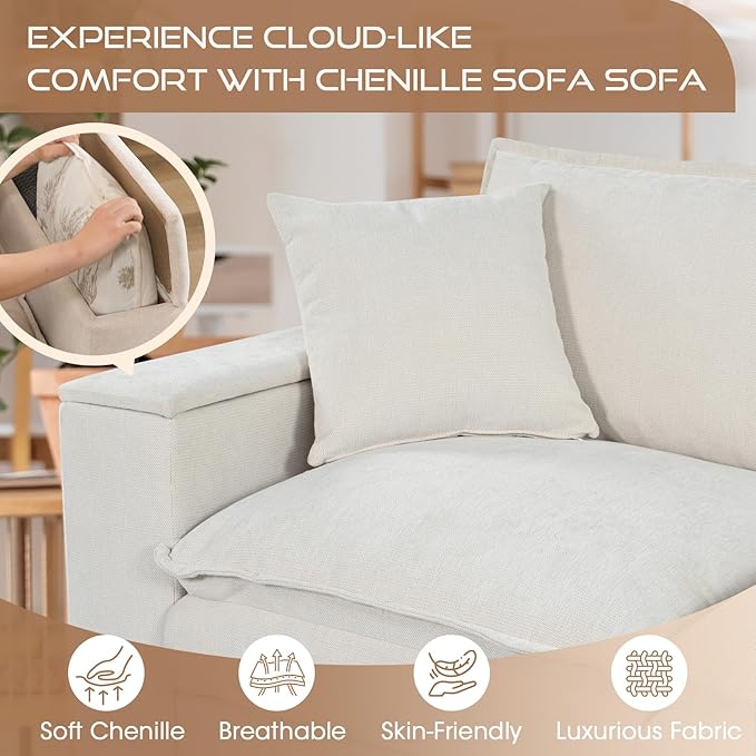 97 5 Seater L Shaped Couch Corner Sofa Oversized Cloud Couch with 2 Pillows Chenille Modular Sectional Sofa Armrests with Two Hidden Storage Space Sectional Couches for Living Room Beige