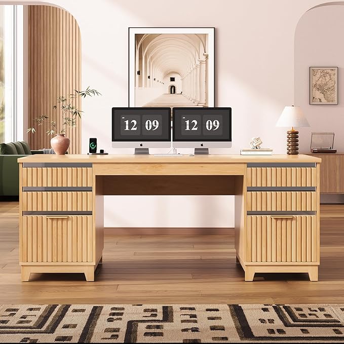 SEDETA 55.1 Fluted Office Desk with 6 Drawers Modern Executive Desk with Acrylic File Drawers Computer Desk with Power outlets for Home Office and Study Natrual