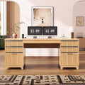 SEDETA 55.1 Fluted Office Desk with 6 Drawers Modern Executive Desk with Acrylic File Drawers Computer Desk with Power outlets for Home Office and Study Natrual