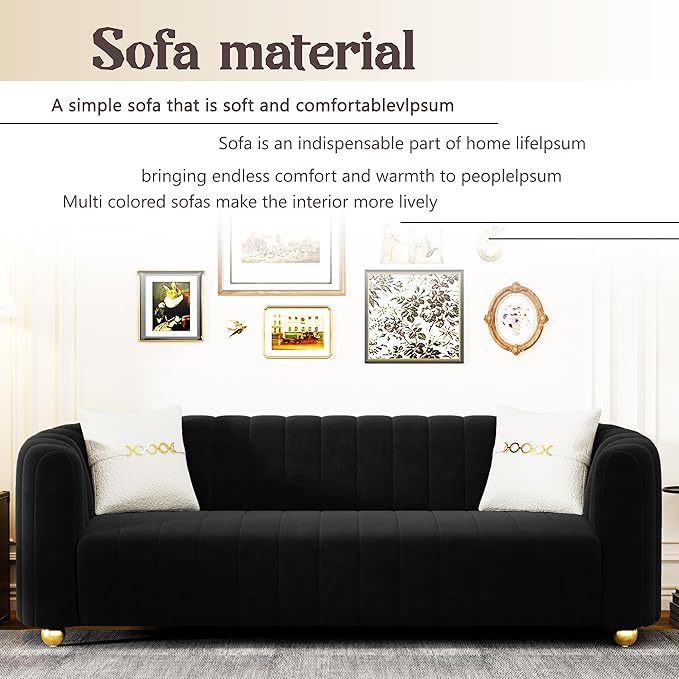 83 Black Velvet Couch Modern Sofas for Living Room Velvet Sofa 3 Seater Solid Wood Frame with Gold Metal Legs and Two Pillows Comfy Black Gold Sofa
