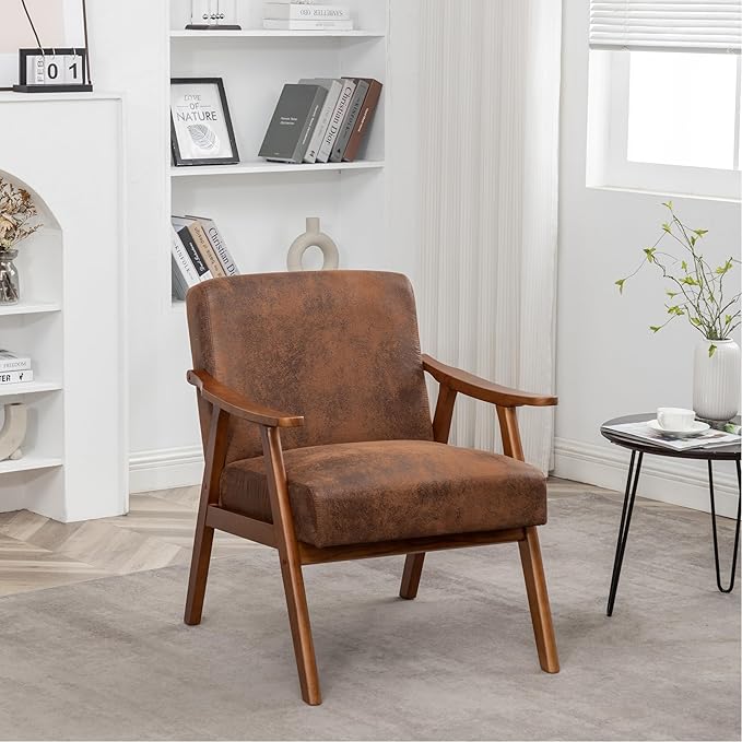 Mid Century Modern Accent Chairs with Arms Portable Rustic Solid Wood Home Chair Comfortable Chairs for Living Room Extra Seating Modern Accent Chair for Bedroom OfficeBrown-Microfiber