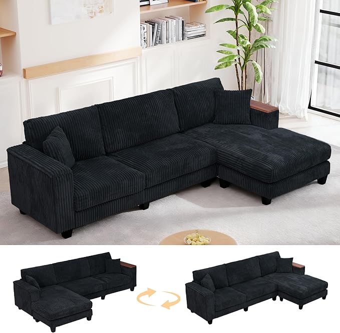 114 Cloud Sectional Couch with L-Shape Reversible Chaise Modern Corduroy L Shaped Couch with 2 Pillows &amp Storage Armrests 4 Seater Sectional Couches for Living Room Plush Corduroy Black