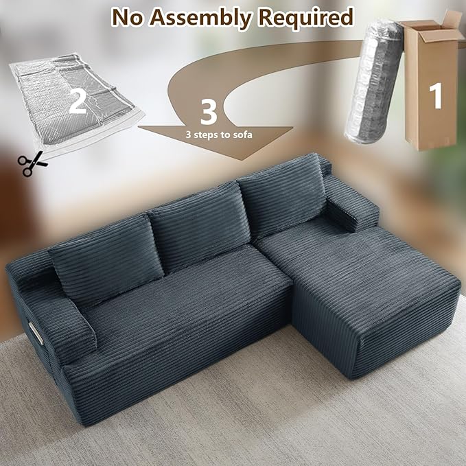 96 Cloud Sectional Sofa Boneless Couch for Living Room Modular Sectional Sofa with Deep Seat Fluffy Comfy Corduroy Couch with L-Shaped Chaise No Assembly Required (Grey Right Facing)