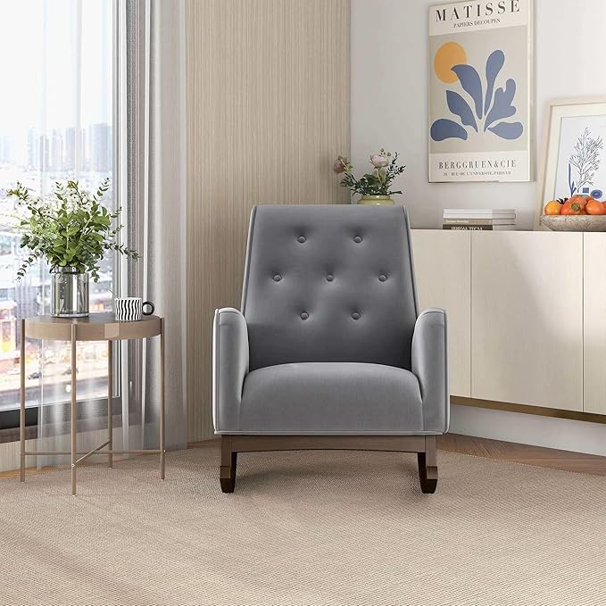 Demetrius Light Grey Fabric Rocking Chair - Living Room Accent Chair Nursery Glider Chair Maximum Weight Capacity 300lbs