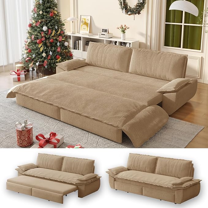 73.2 Futon Sofa Bed Queen Size Pull Out Bed 3-in-1 Convertible Sleeper Sofa with Cushion Armrest Modern Corduroy Futon Couch for Living Room Small Space Apartment Bedroom Camel