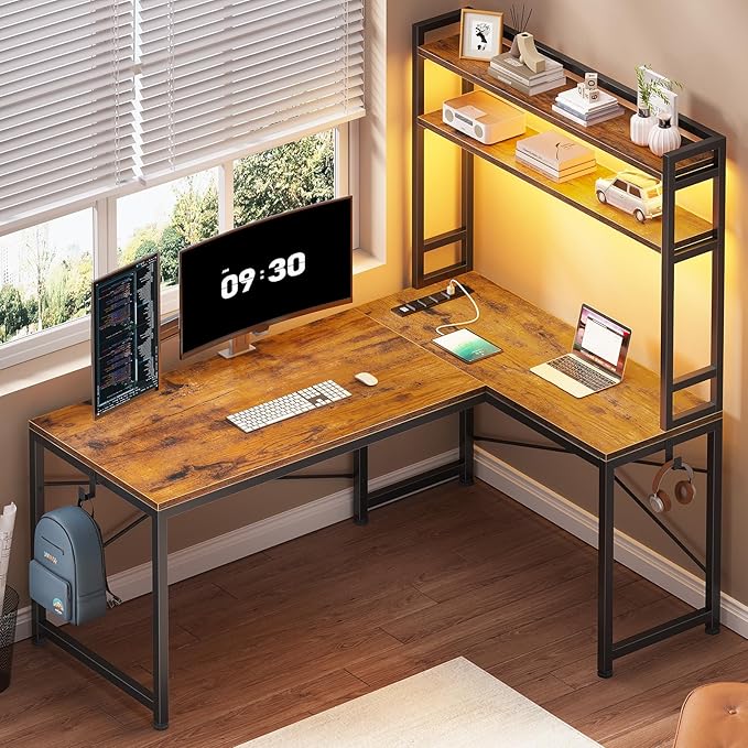 SEDETA L Shaped Desk with Hutch 45.3” Reversible Home Office Desk L Shaped Gaming Desk with LED Lights Power Outlet Storage Shelves and Hooks for Small Space Rustic Brown