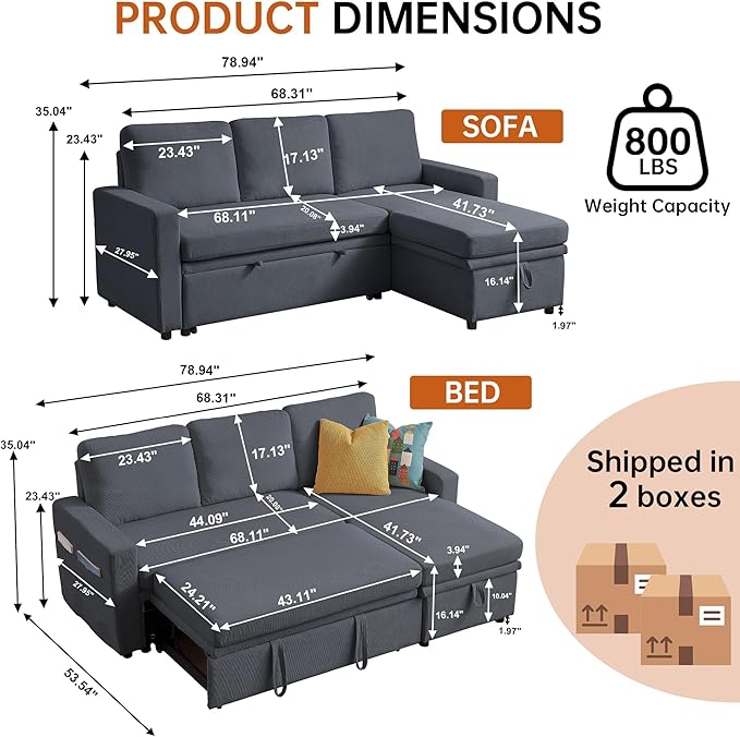 Sleeper Sofa Bed Convertible L Shaped Sofa | Pull Out Bed with Reversible Storage Chaise | Layered Storage | Side Pockets | 3-Seater Comfy 79 Sectional Pullout Couch for Living Room Dark Grey