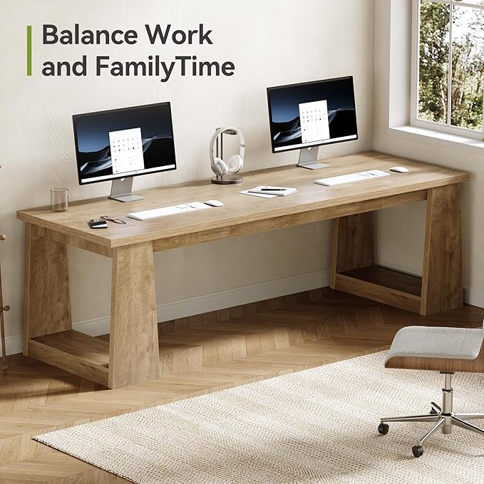 LITTLE TREE 86.6 Double Home Office Desks Two Person Desk for 2 Person Farmhouse Executive Computer Desk Large Work Writing Table Rustic Brown Business Workstaticon Furniture for Home