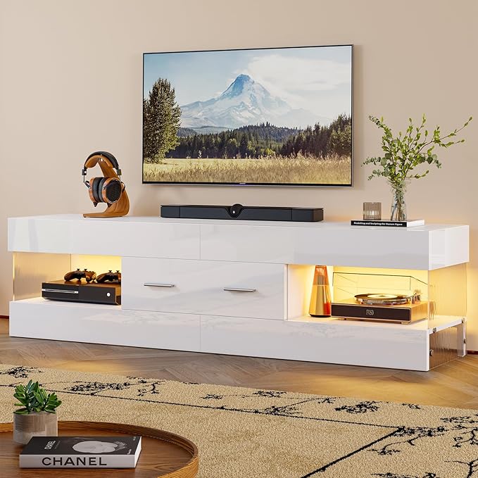Bestier TV Stand for 55/60/65 Inch TV High Gloss Modern TV Stand with Stone-Patterned Side Panels LED Entertainment Center with Large Drawer TV Consoles for Living Room Bedroom (Glossy White)