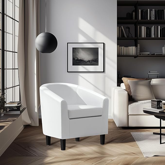 Topeakmart Faux Leather Club Chair Modern Accent Chair and Cozy Barrel Chair with Sturdy Wood Legs for Living Room Bedroom Reception Room White