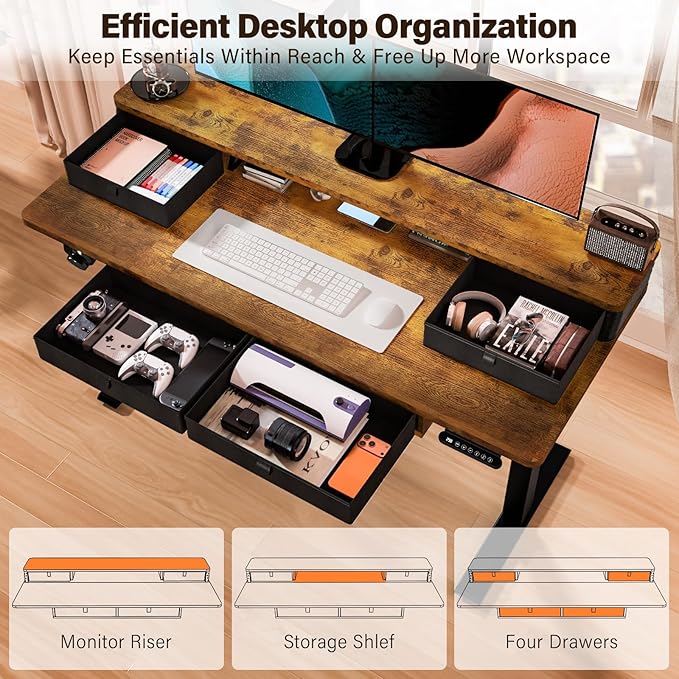 Kingant 55 x 24 Inch Electric Standing Desk with 4 Drawers Height Adjustable Sit to Stand Computer Desk with Storage Shelf and C-Clamp Mount Compatibility for Home Office Rustic Brown