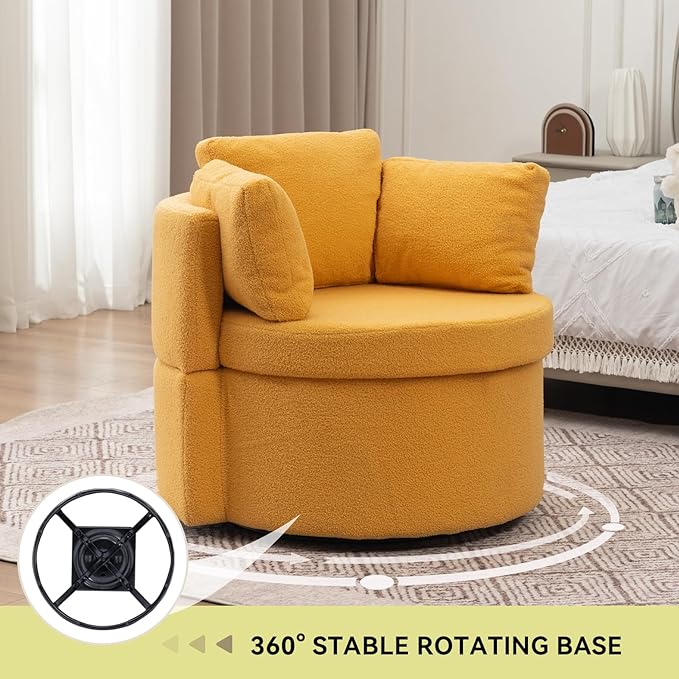 FOXHUNTER Swivel Barrel Chair 360 Degree Swivel Round Storage Chair with 3 Pillows Oversize Teddy Swivel Accent Chair Comfy Single Sofa Chair for Nursery Living Room Bedroom (Yellow)