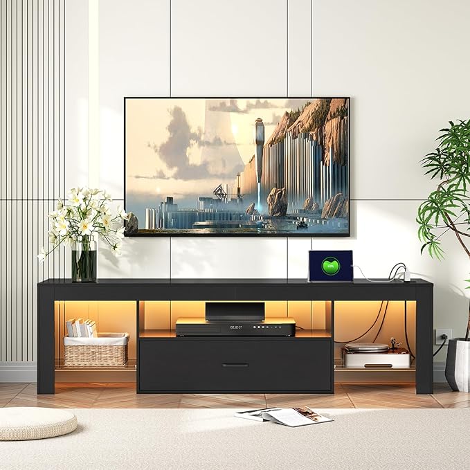 HOOBRO LED TV Stand with Power Outlets to 65 inch TV Gaming Entertainment Center with Glass Shelves and Large Drawer Modern Media TV Console Table for Living Room Bedroom Black BB160UDDS01G1